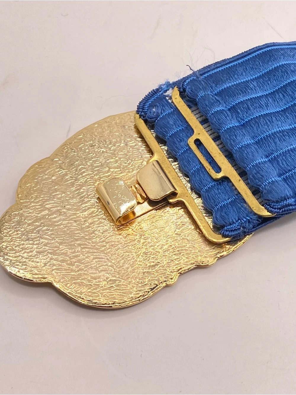 Vtg 80s Blue White Enamel Flower Belt Gold Interlocking Buckle Elastic Cinch
